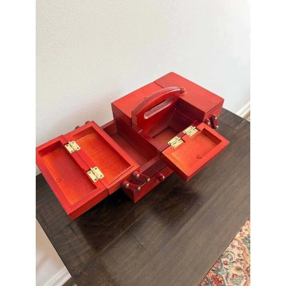 Vintage Red Wooden 2 Tier Cantilever/Accordion Sewing Kit w/feet includes thread